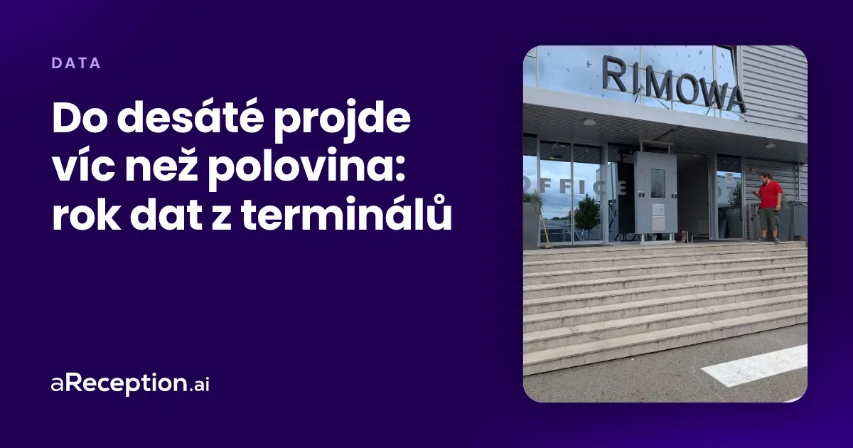 Titulní obrázek článku: hlavní vchod výrobního závodu Rimowa v Pelhřimově se samoobslužným terminálem mezi skleněnými dveřmi