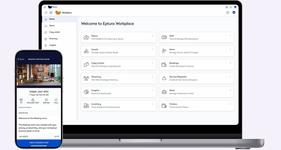 Eptura Workplace on a laptop and a phone: spaces, bookings, assets and visitors (image: eptura.com)