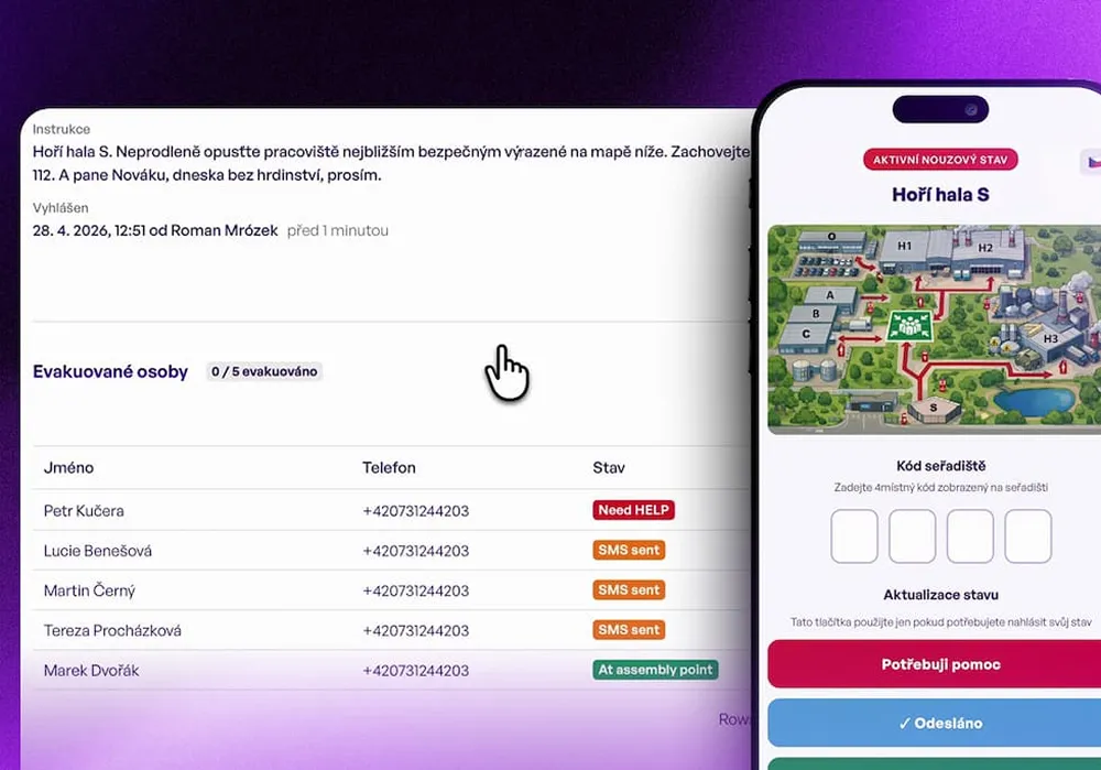 The evacuation list in the aReception Portal and an SMS with a site map on a phone
