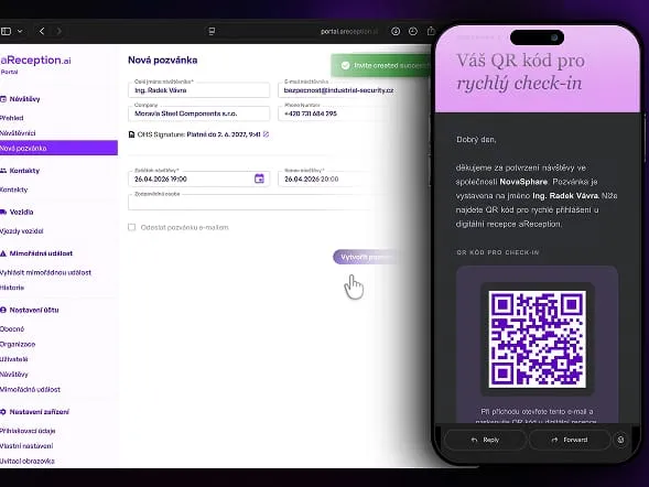 The New invitation form in the aReception portal and the email with the QR code for a quick check-in that the contractor receives