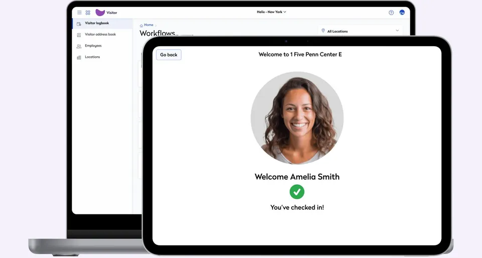 Eptura Visitor (formerly Proxyclick) on a laptop and a tablet after a visitor has checked in (image: eptura.com)