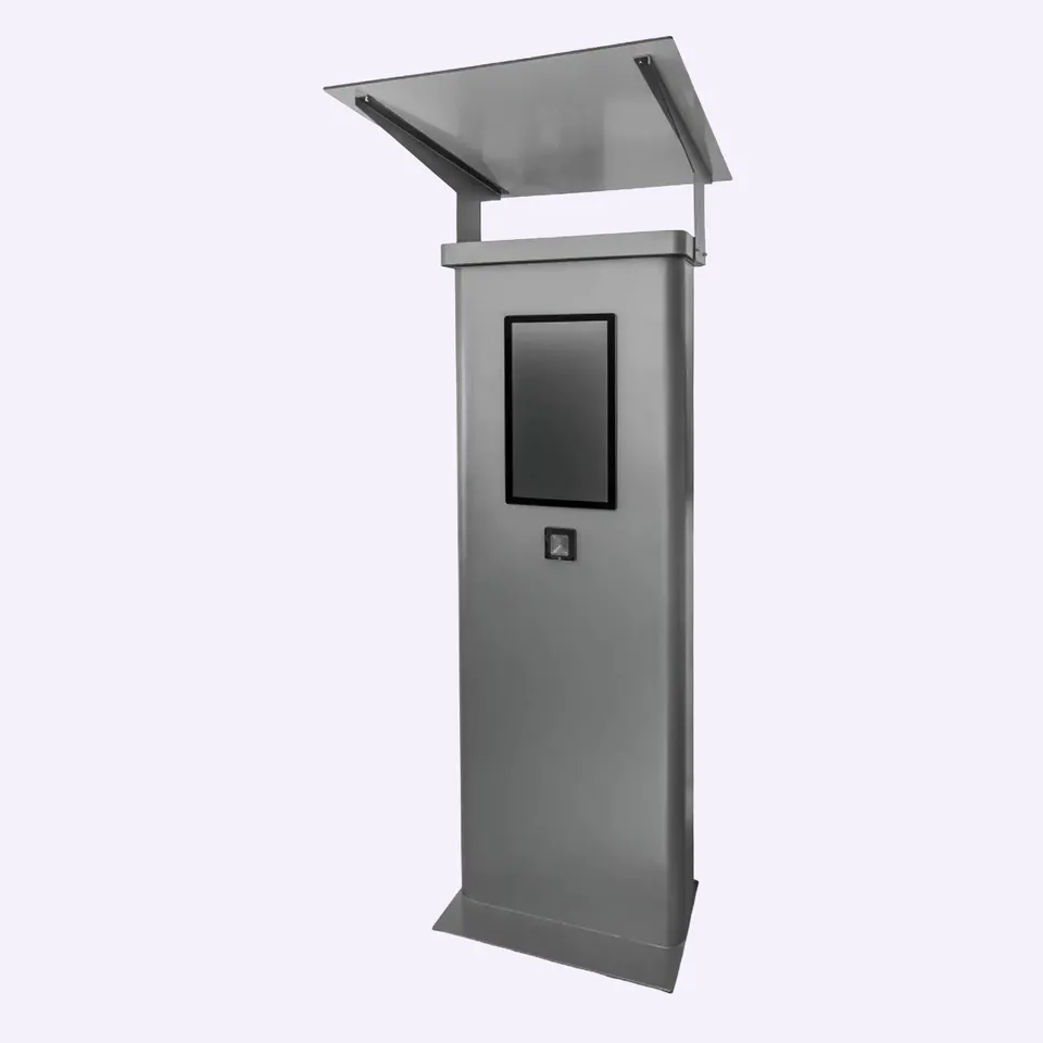 A Softplus outdoor kiosk with a canopy, a screen and a reader (image: softplus.cz)