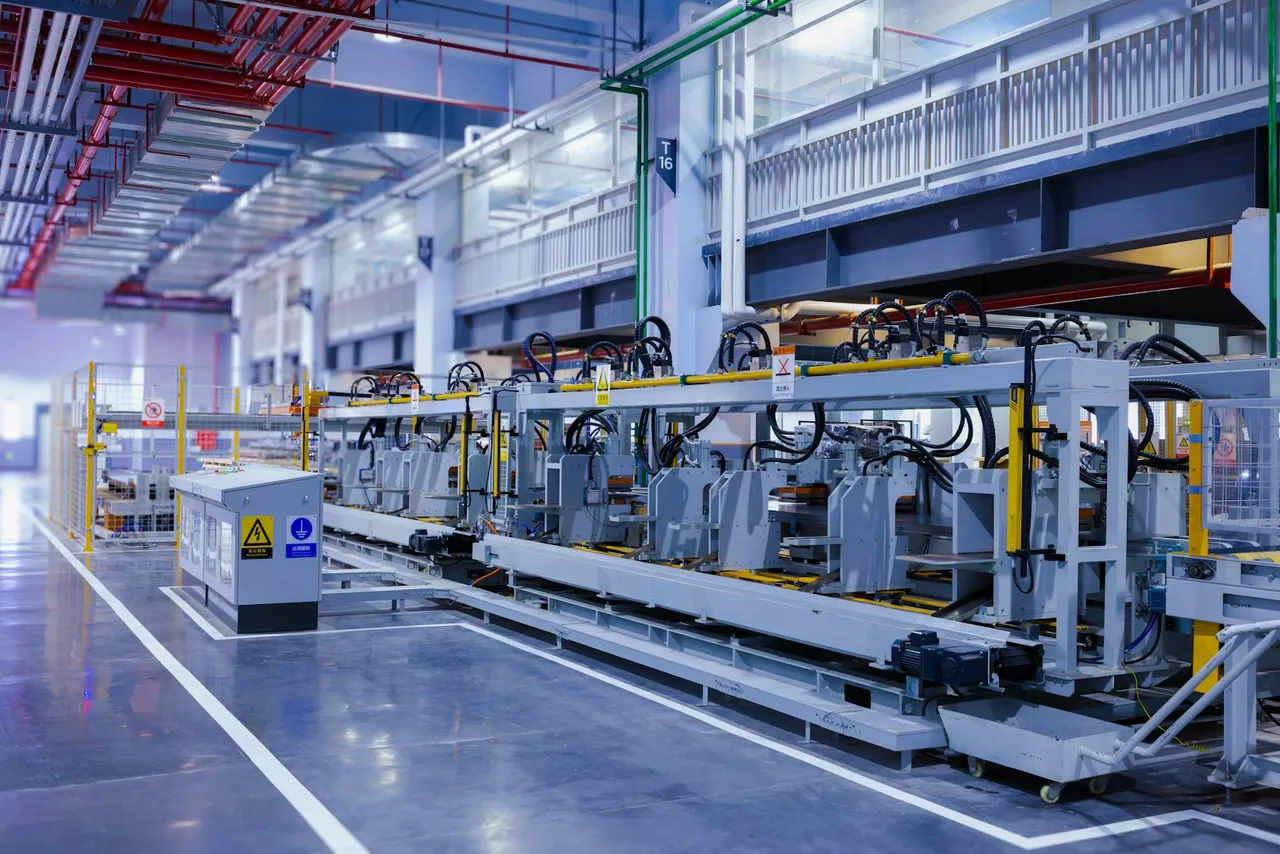 Production line with safety signs and marked walkways in a modern factory hall