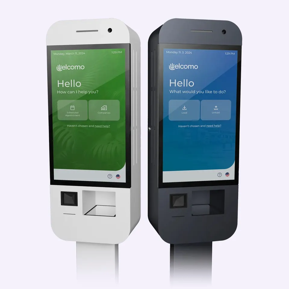 Two Welcomo self-service kiosks, the office and the logistics version (image: welcomo.com)