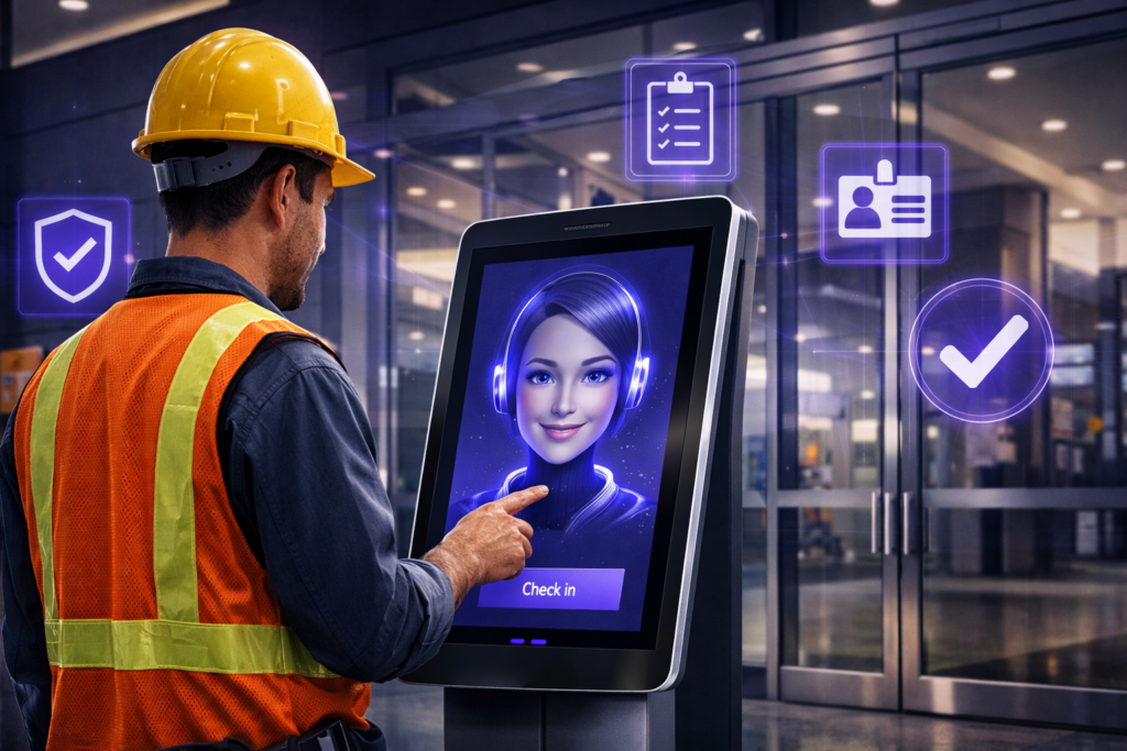 AI reception kiosk performing safety induction check-in for a contractor wearing PPE at a facility entrance