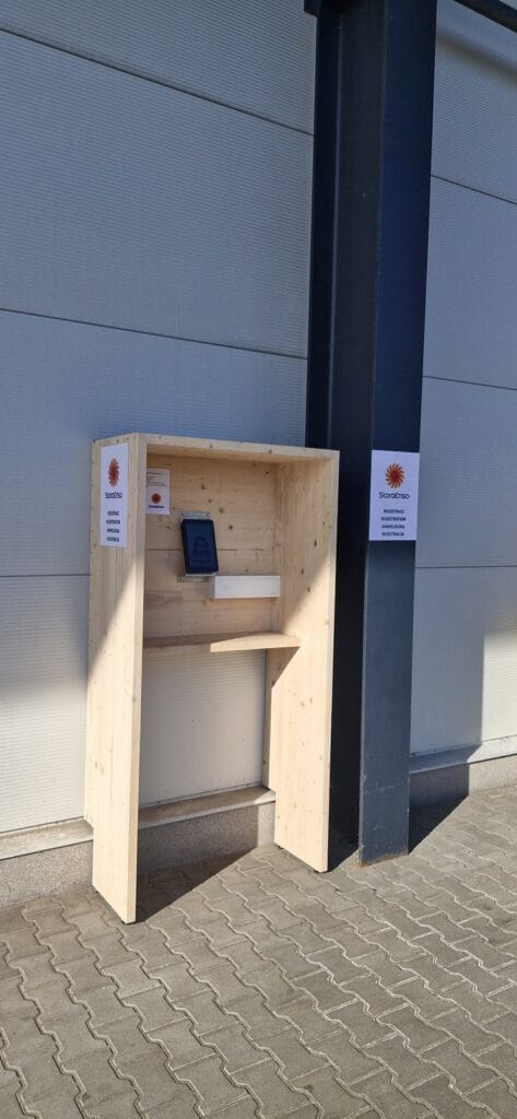 Outdoor weatherproof self-service registration kiosk at the Stora Enso Ždírec truck entrance