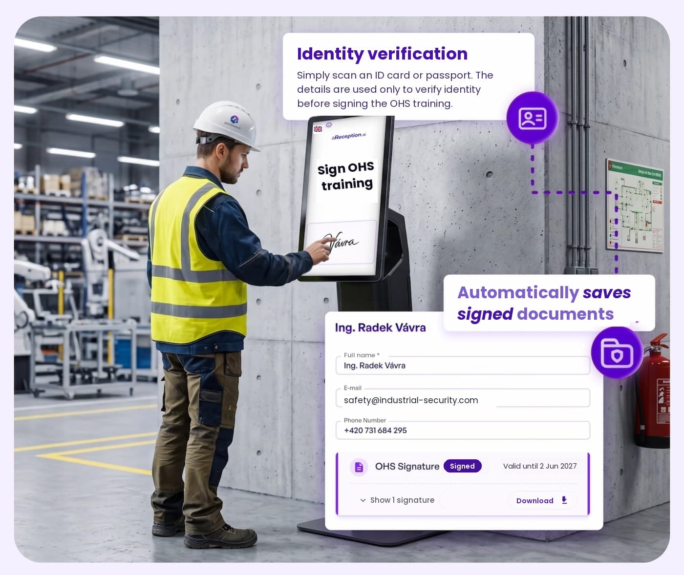 Contractor signs OHS training on the aReception kiosk, identity verified by ID scan